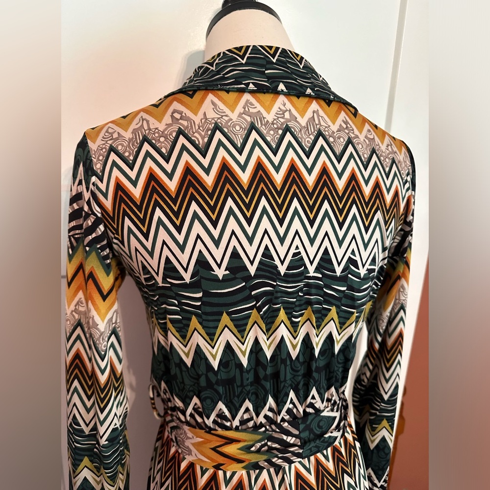 Kathi Rich Emerald zig zag pattern collar S faux wrap belt long sleeve jumpsuit - Picture 11 of 15